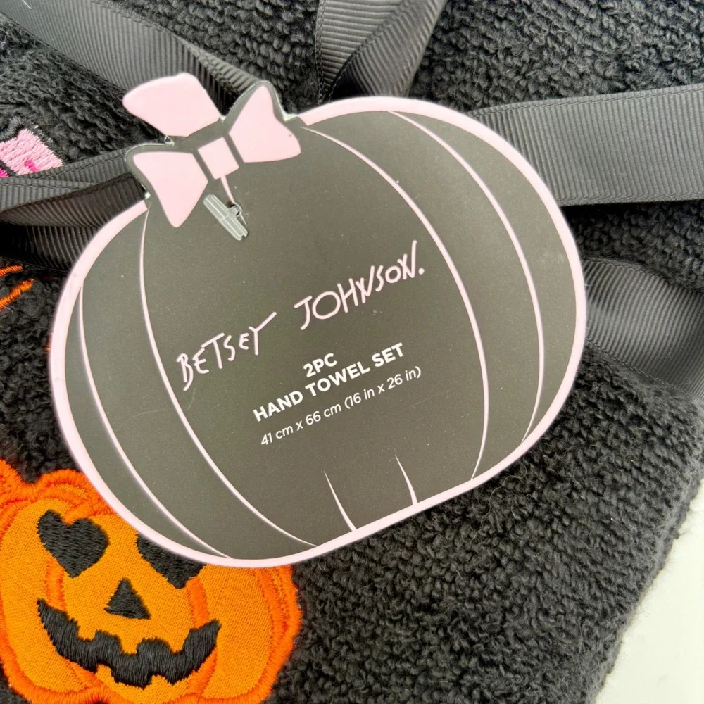 Betsey‎ Johnson Halloween Hand Towel Set Pumpkin Embroidered Black Pink 2PC